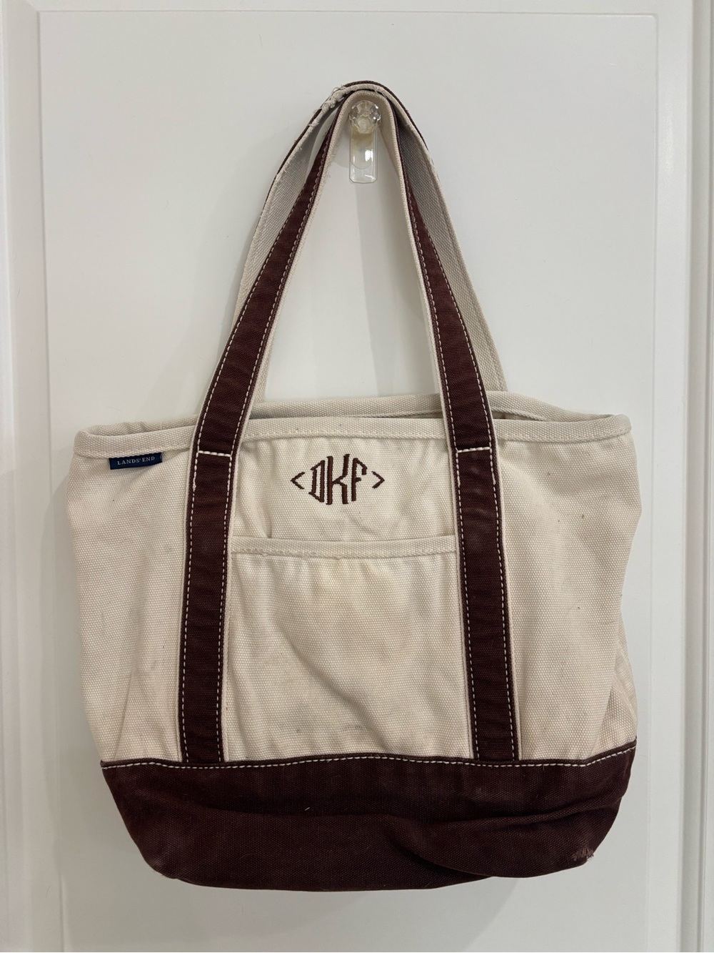 Land's End Boat And Tote Brown/ Cream Monogram DFK Open Top